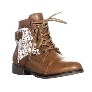 Madden Girl Ankle Boots Sz 9.5M Armie Lace Up Crochet Inlay Brown Granny Cottage